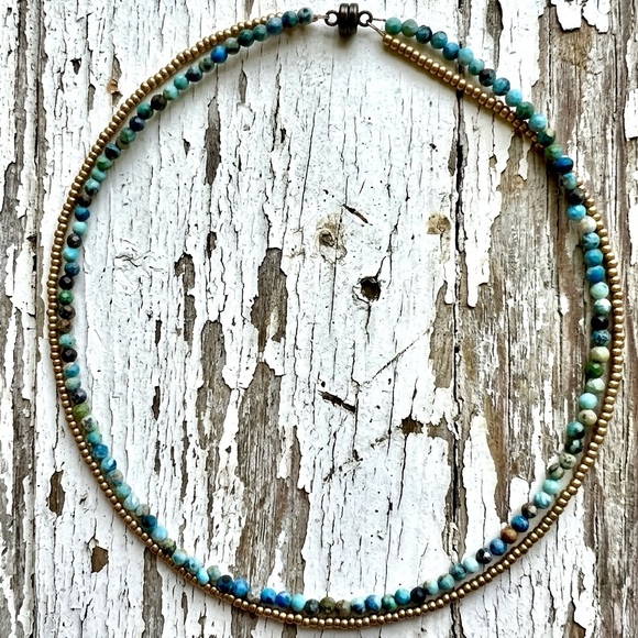 Handmade Jewelry - Double Strand Semi Precious Turquoise & Matte Gold Tone Choker Style Necklace